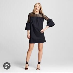 Women’s Black Cotton MiniDress L Bell Sleeve Crochet Boho Cottagecore Minimalist